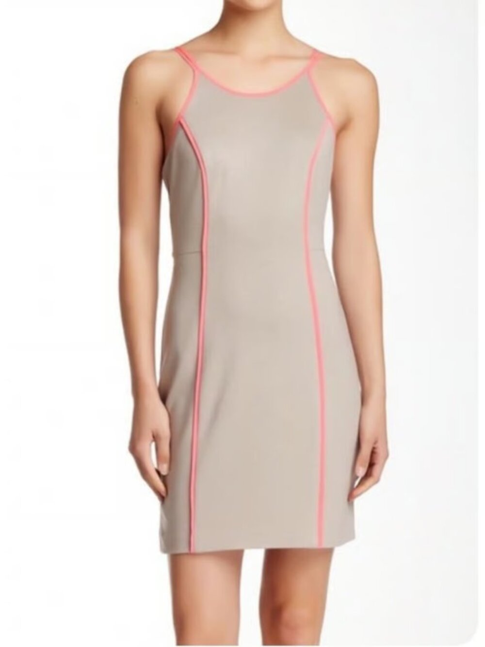 Trina Turk Yvette Tan Bodycon Mini Dress with Contrast Hot Pink Piping Size X
